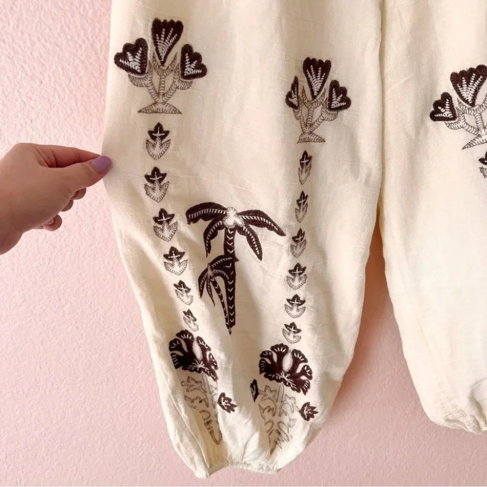FREE People Kai Embroidered Cropped Top Pants Set Cream Brown Medium New - Picture 7 of 12